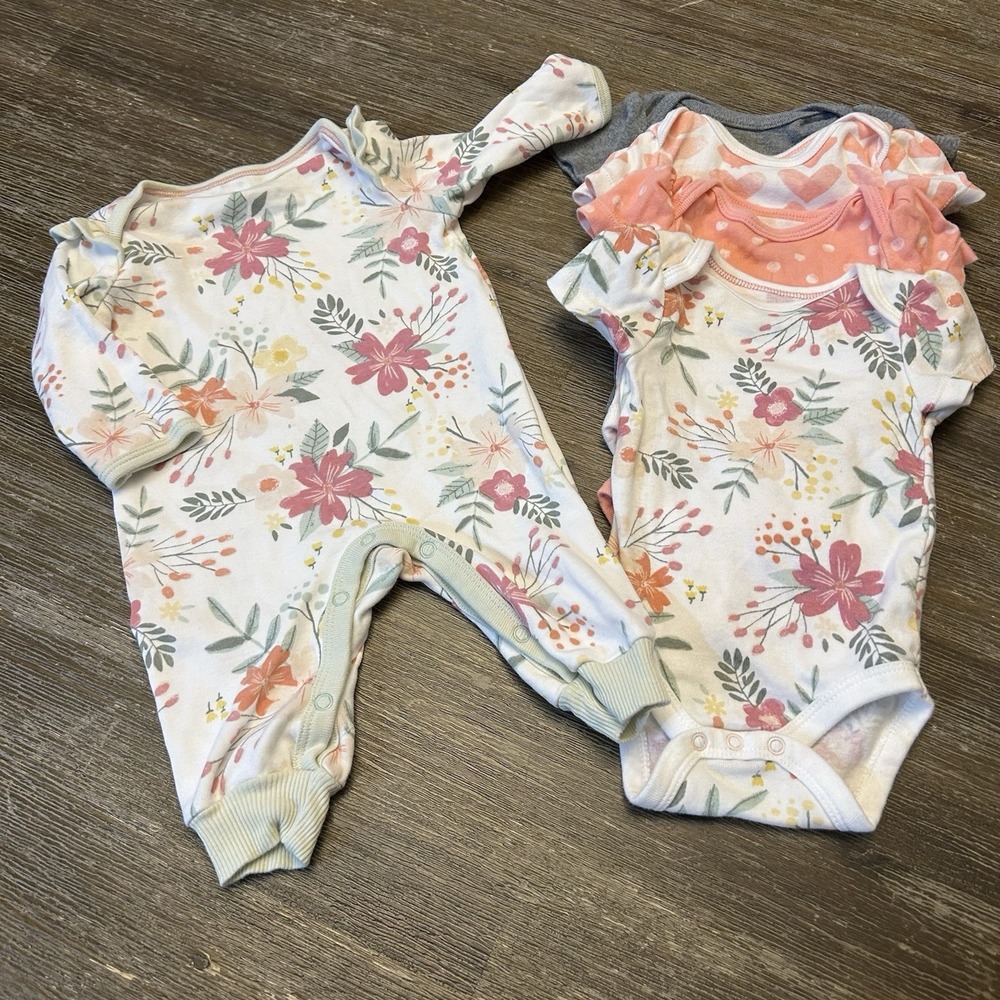 Cloud Island Baby Girl 0-3 Months 5 Pc Lot Floral Bodysuits Romper Pink Gray EUC